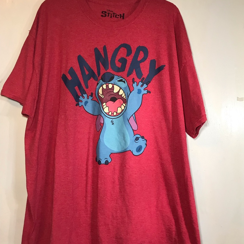 Disney Red Tee with Blue Stitch 'HANGRY' Graphic